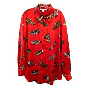 Jessica Holbrook Vtg SILK Women Button Up Blouse TopShoe Print Covered Buttons L